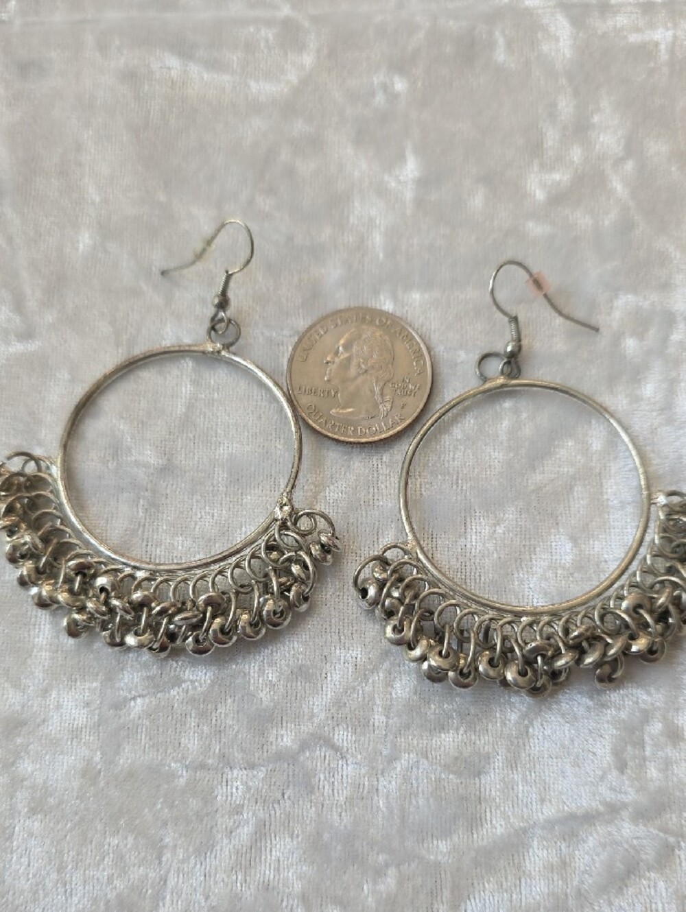 Bollywood Boho Silver Tone Hoop Fringe Dangle Earrings - Picture 3 of 4